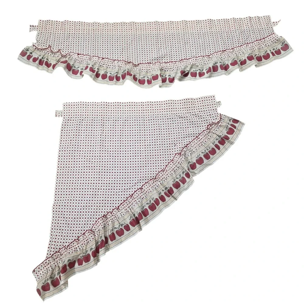 Vintage Cottagecore Apple Print Ruffled Kitchen Curtain Set 4pc Made in USA